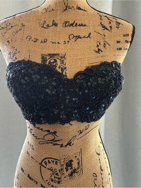 Cache Black Sequin Lace Strapless Bandeau